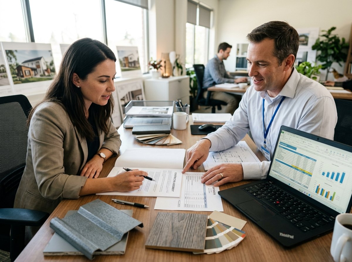 Homebuyer and prefab manufacturer reviewing a price-lock contract with steel and lumber material samples on the desk