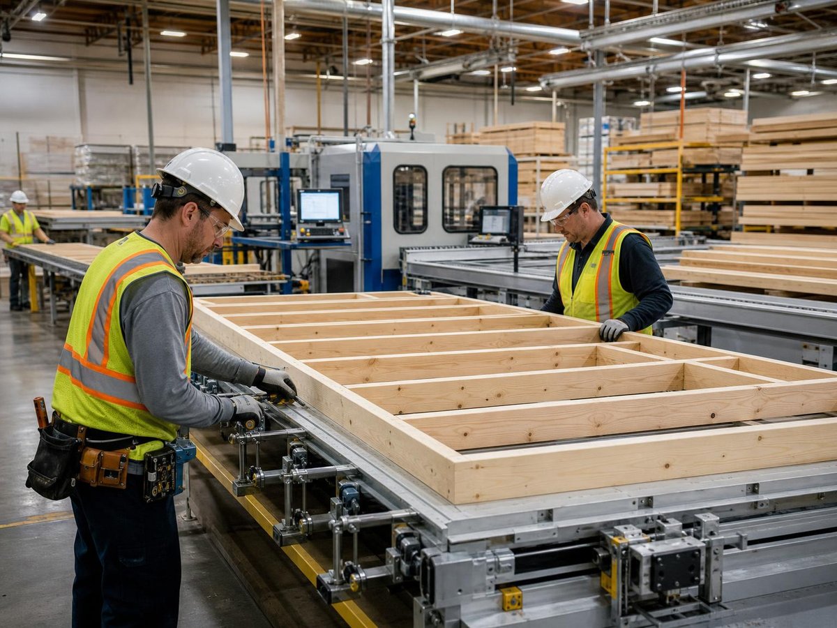 Climate-controlled factory with automated machinery and workers inspecting precision-built wall panels