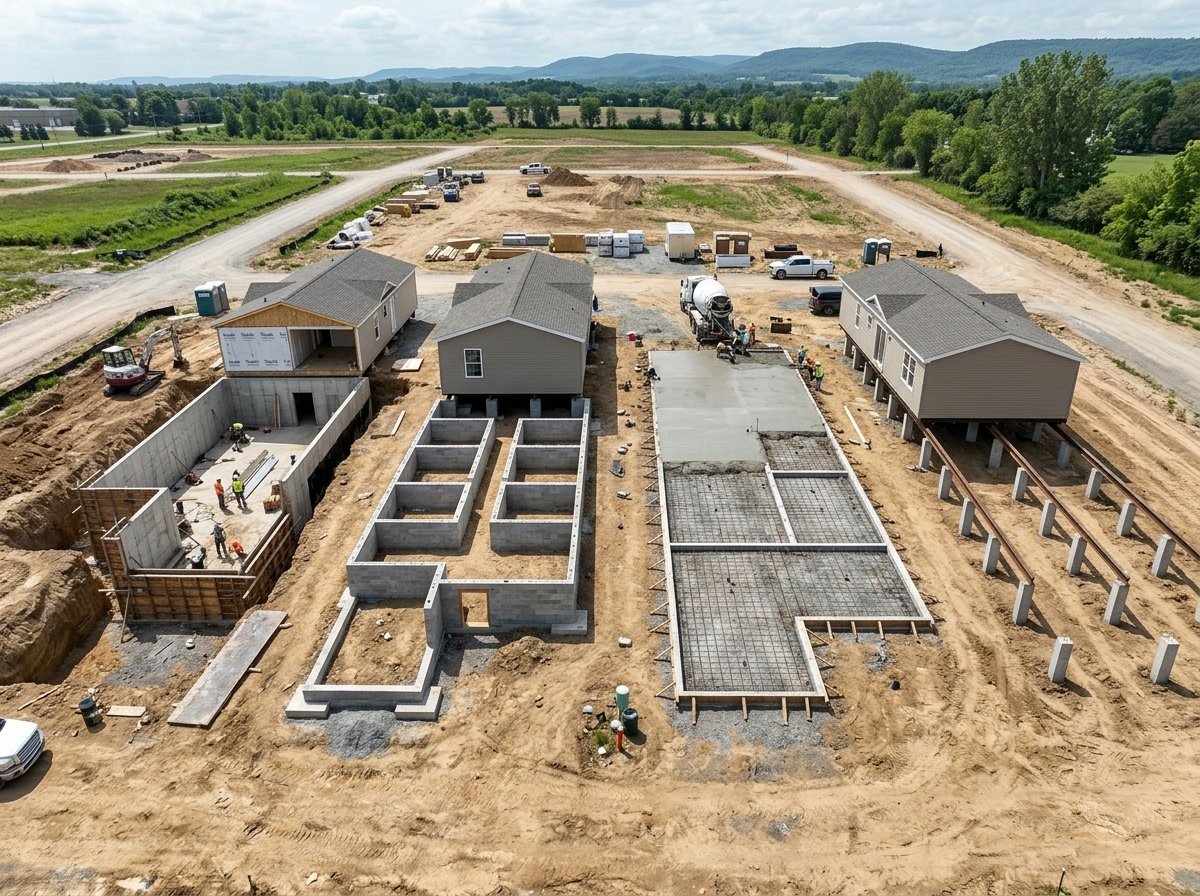 Aerial view comparing four foundation types for prefab homes including full basement and crawl space.