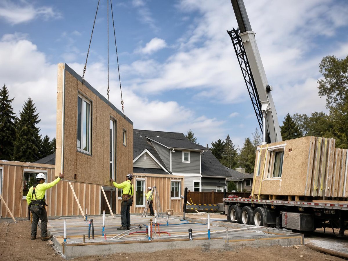 Crane placing prefab wall panel on residential foundation with workers and delivery truck