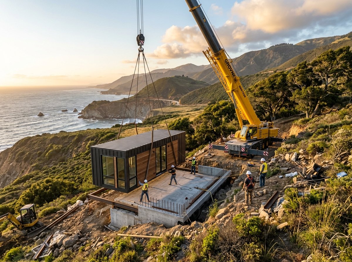 Crane lowering a prefab home module onto a hillside foundation with workers guiding placement