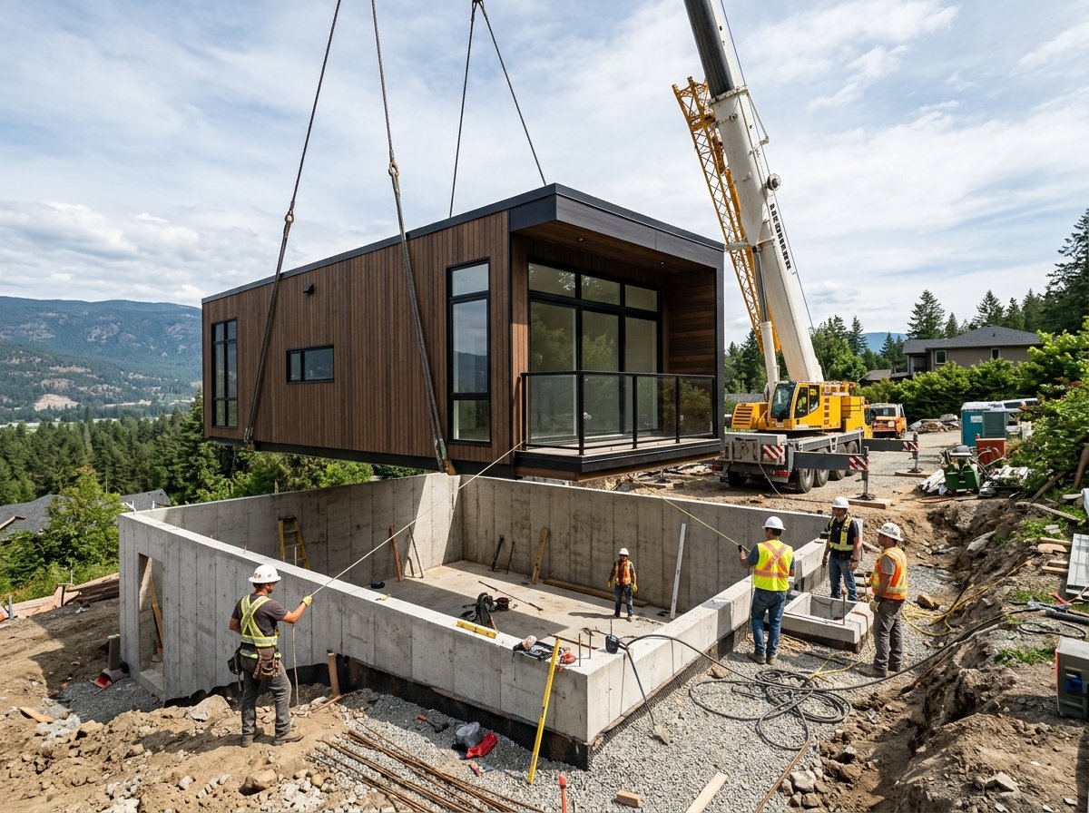 Crane lowering a modern prefab home module onto a concrete basement foundation at a construction site.