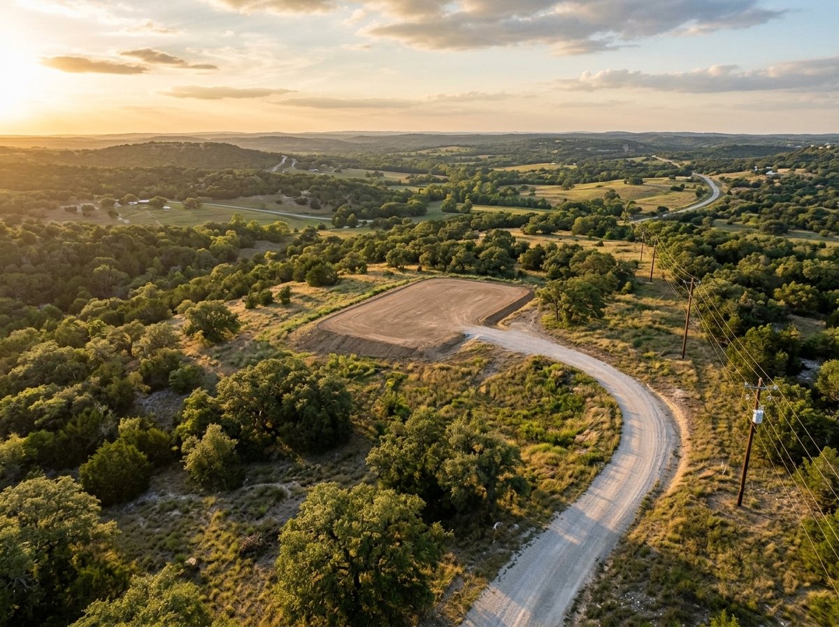 Buying land for a prefab home: zoning, access and utilities checklist Aerial view of vacant rural land with graded buildable pad and gravel access road