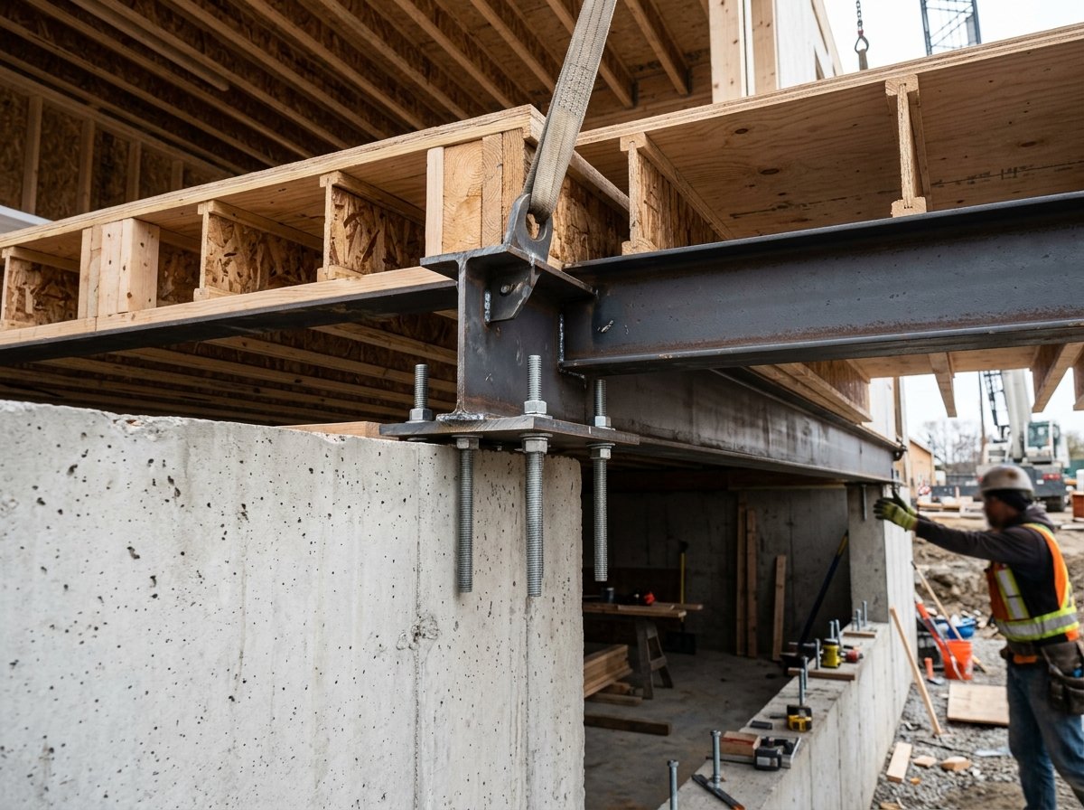 Prefab module steel chassis connecting to concrete basement foundation wall with anchor bolts.