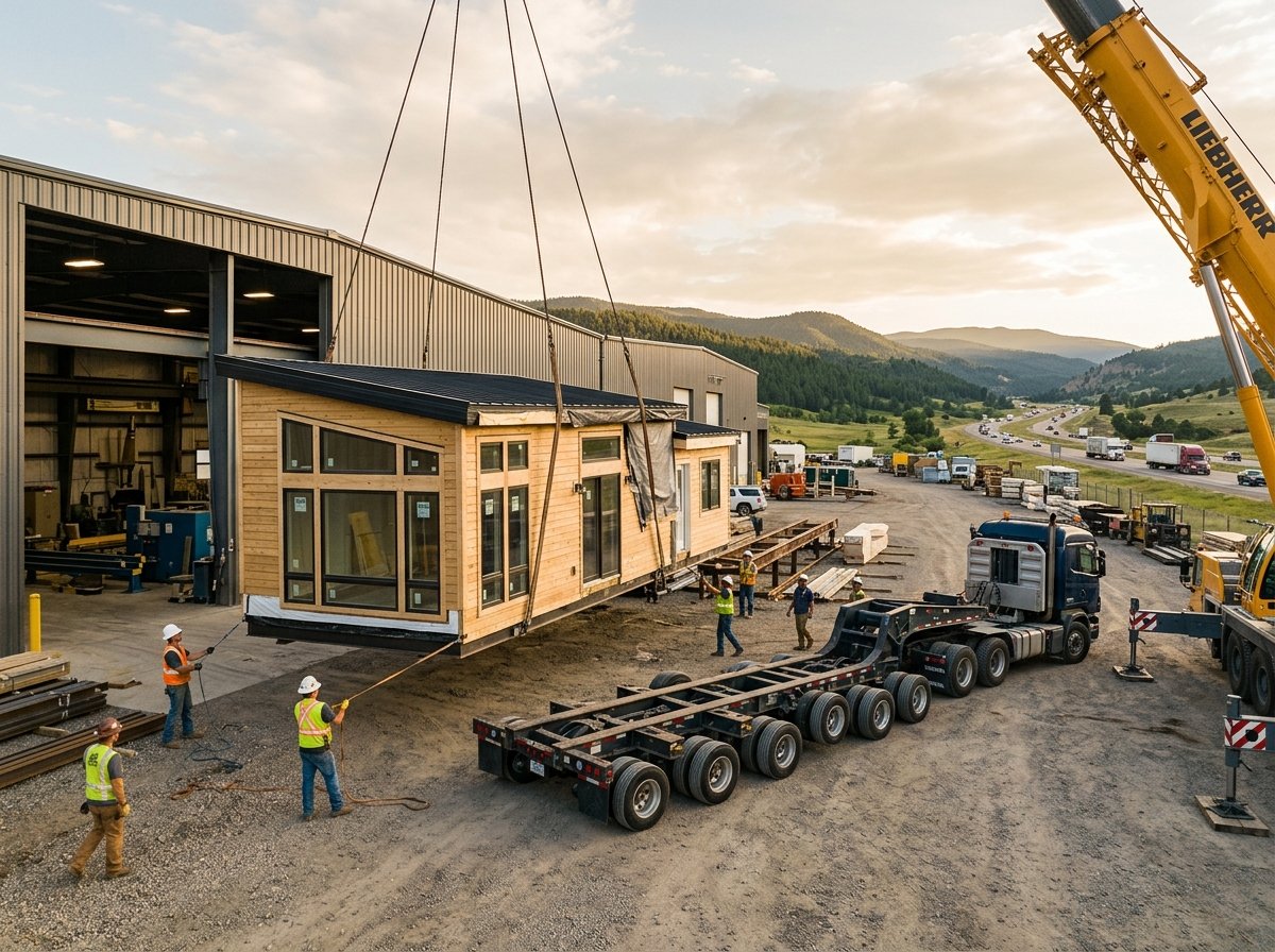 How delivery distance from the factory affects prefab pricing Oversize prefab module being loaded onto specialized transport trailer at factory yard