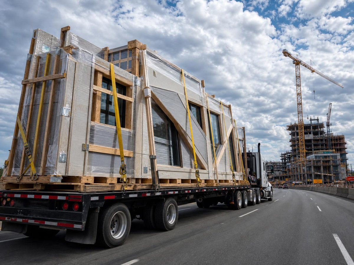 Engineered prefab wall panels secured on flatbed truck with protective bracing for safe transport