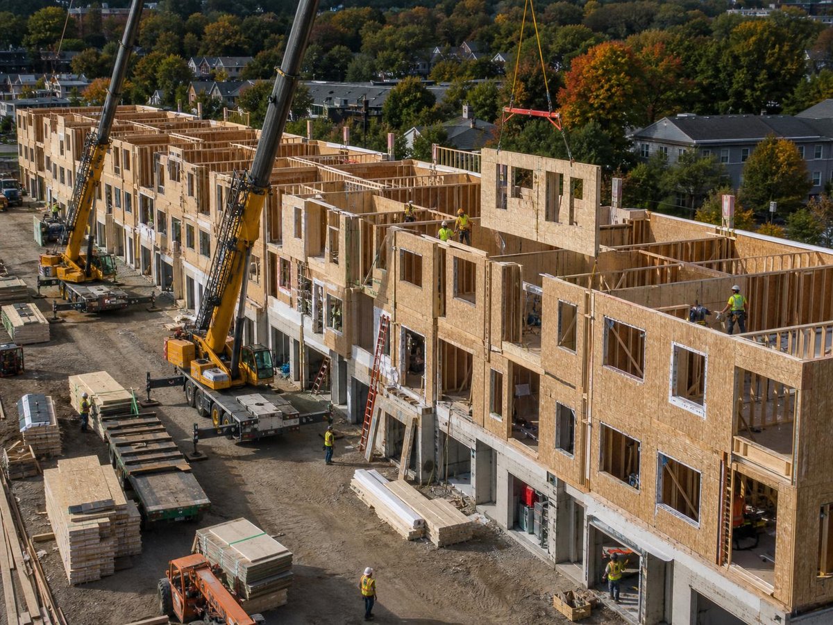 Multi-unit townhome construction with prefab panels being installed across repetitive building layouts