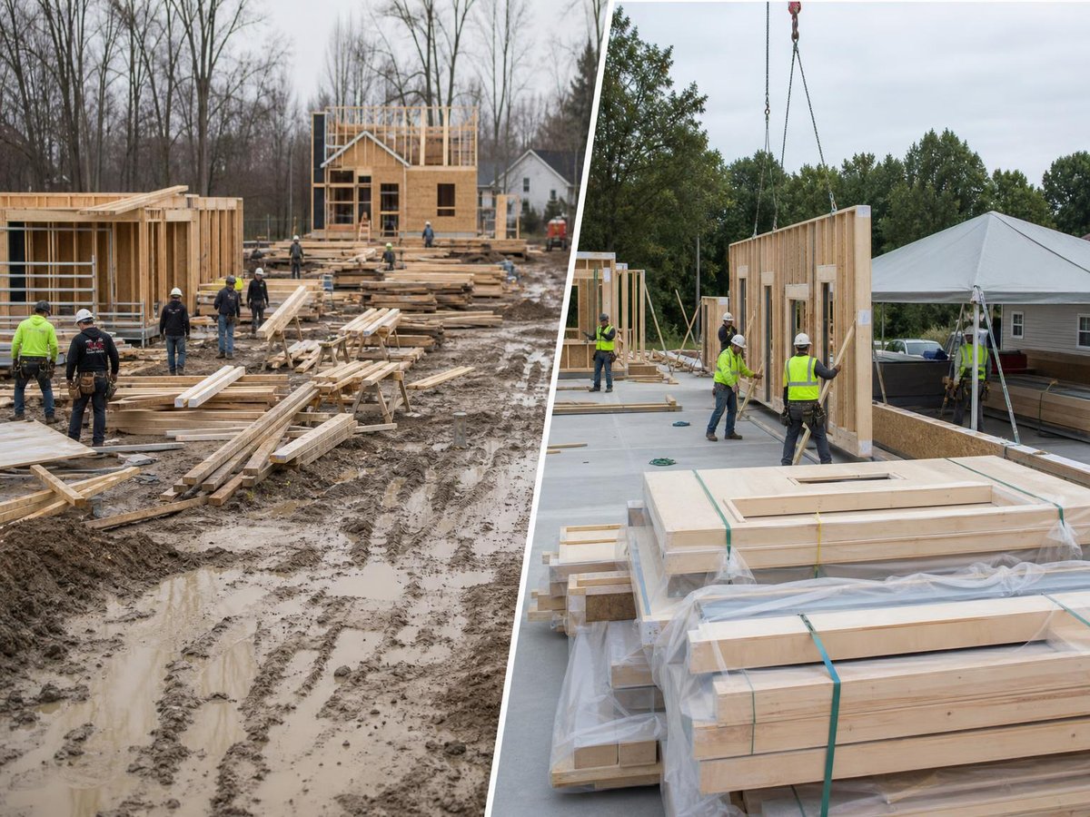 Side-by-side comparison of stick-built and prefab construction sites showing efficiency differences