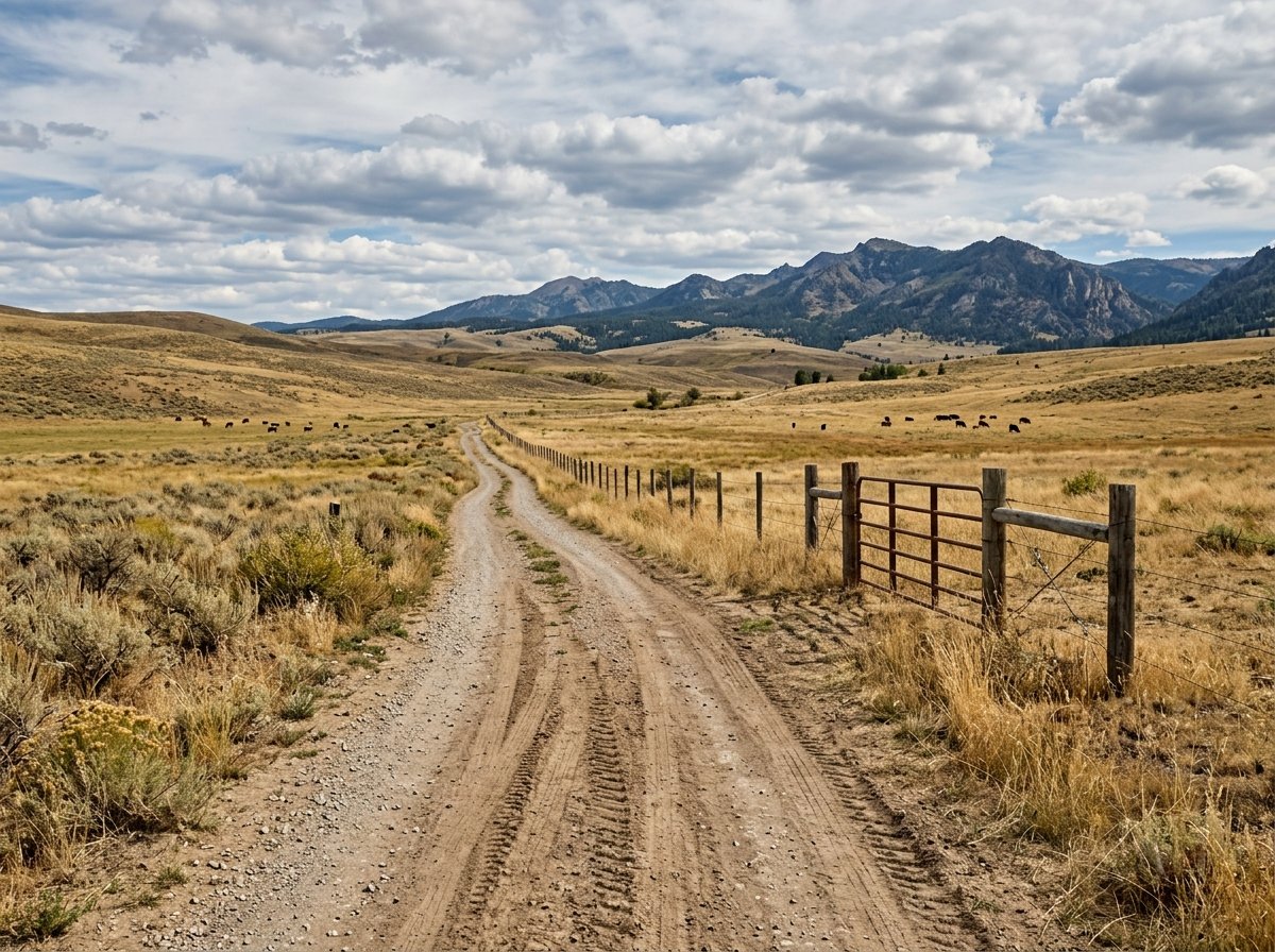 Rural gravel easement road providing access through neighboring ranch property