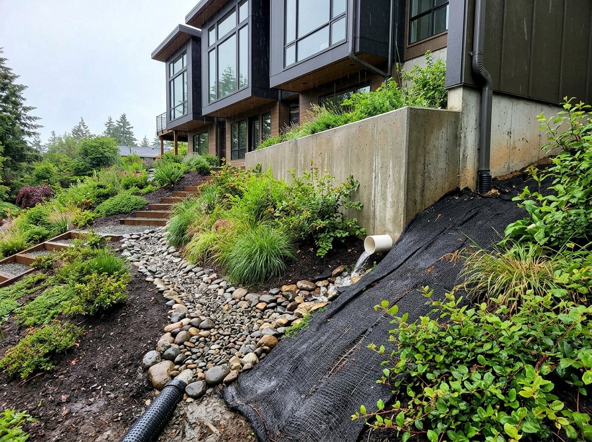 Drainage and erosion control system installed around a prefab home on a slope