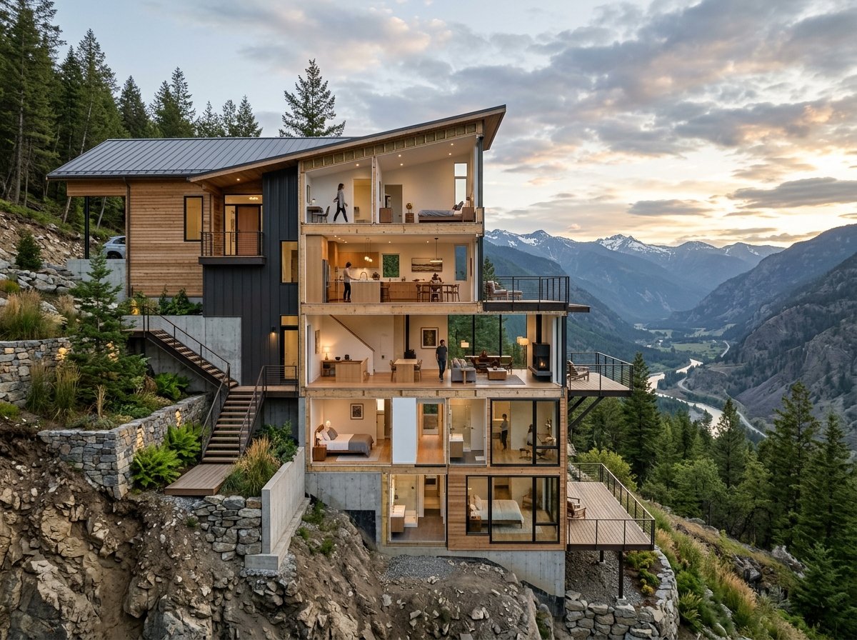 Split-level prefab home design stepping down a hillside with multiple decks