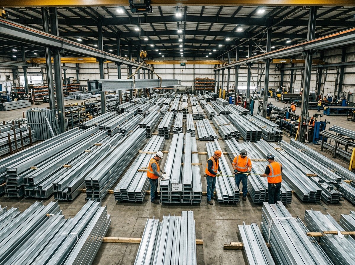 Steel structural beams and framing components staged in a fabrication warehouse for prefab metal building kits