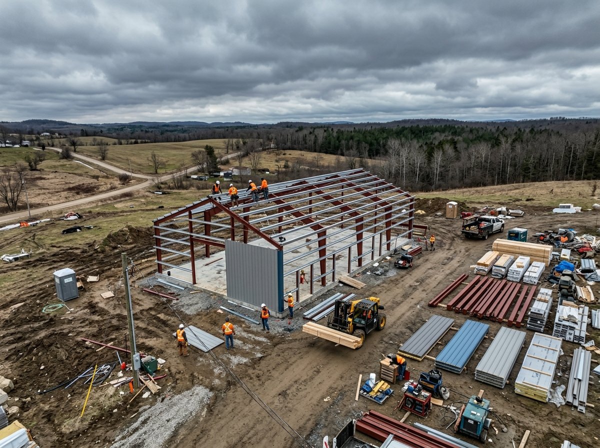 How tariffs on steel, lumber and appliances are affecting prefab prices Prefab metal building home under construction with steel beams and lumber panels staged on a rural job site