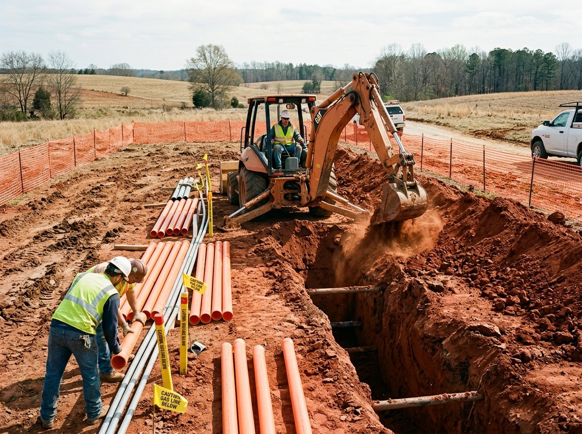 Backhoe trenching for underground utility lines at a rural construction site