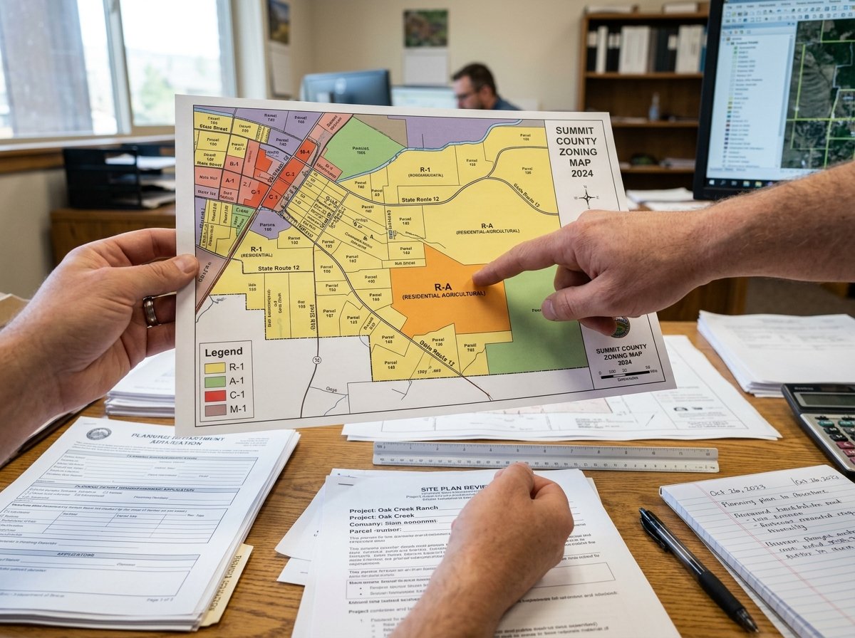 Person reviewing county zoning map and property documents at a desk
